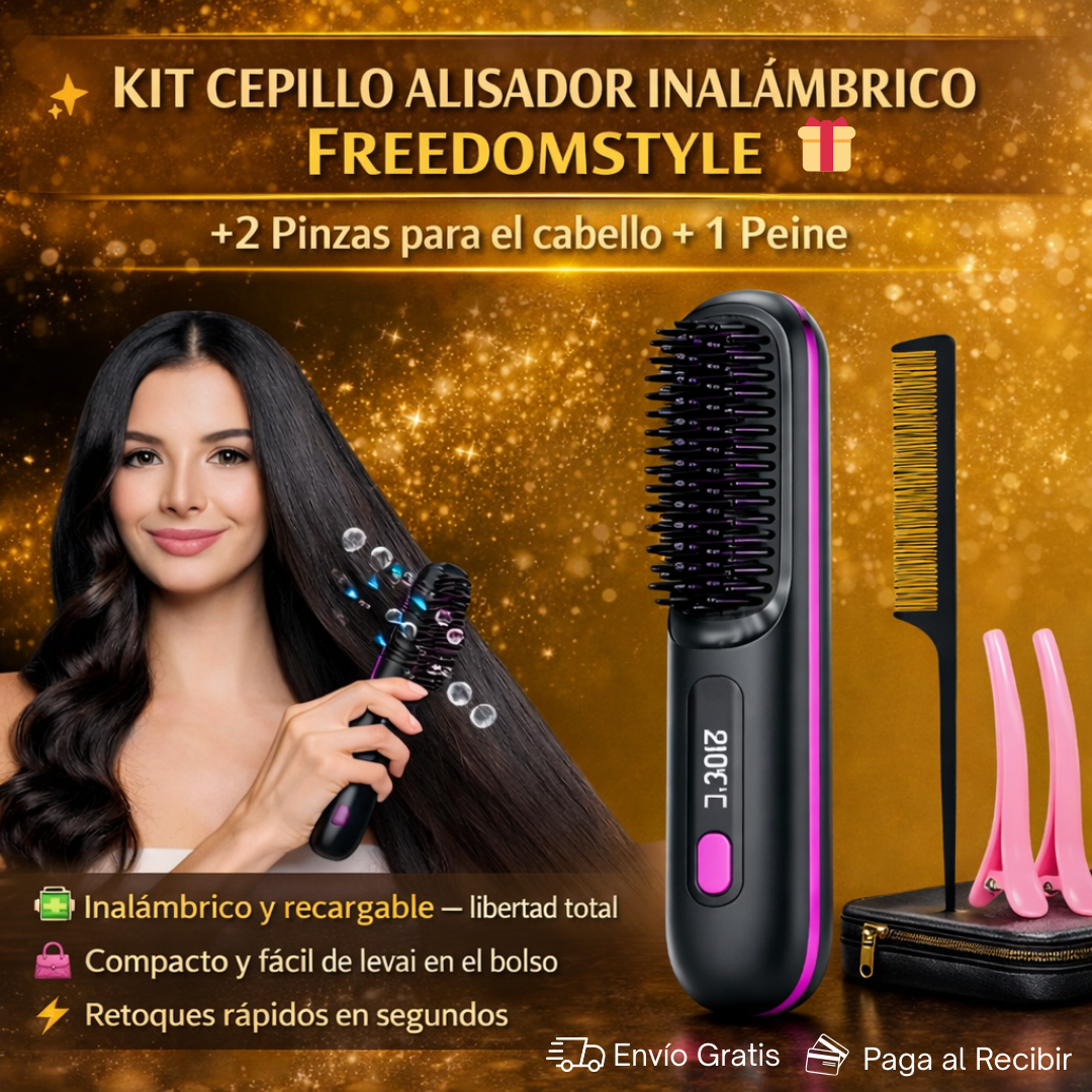 ✨ Kit Cepillo Alisador Inalámbrico FreedomStyle + x2 Pinzas para el cabello + x1 Peine 🎁