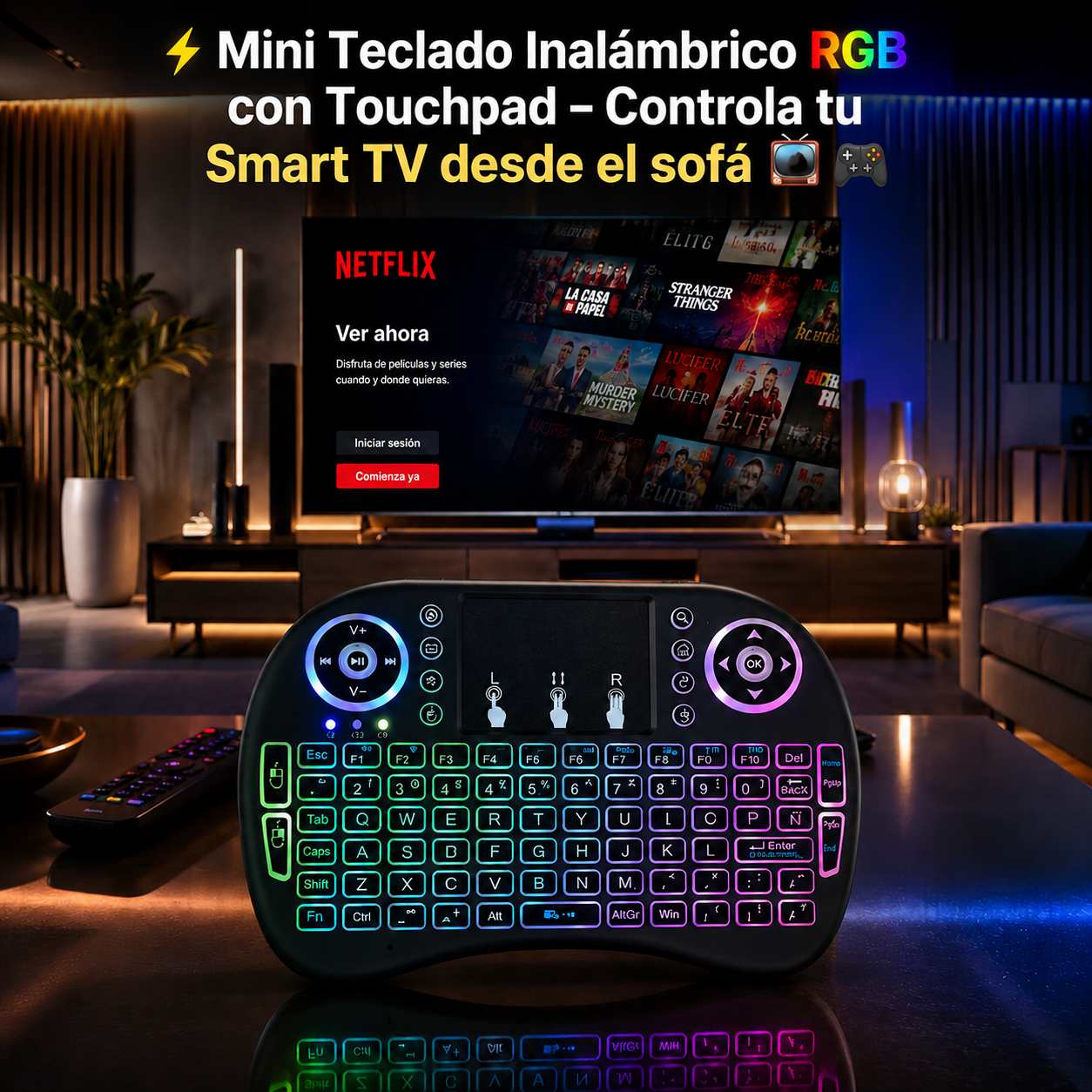 ⚡Mini Teclado Inalámbrico RGB con Touchpad – Controla tu Smart TV desde el sofá 📺🎮